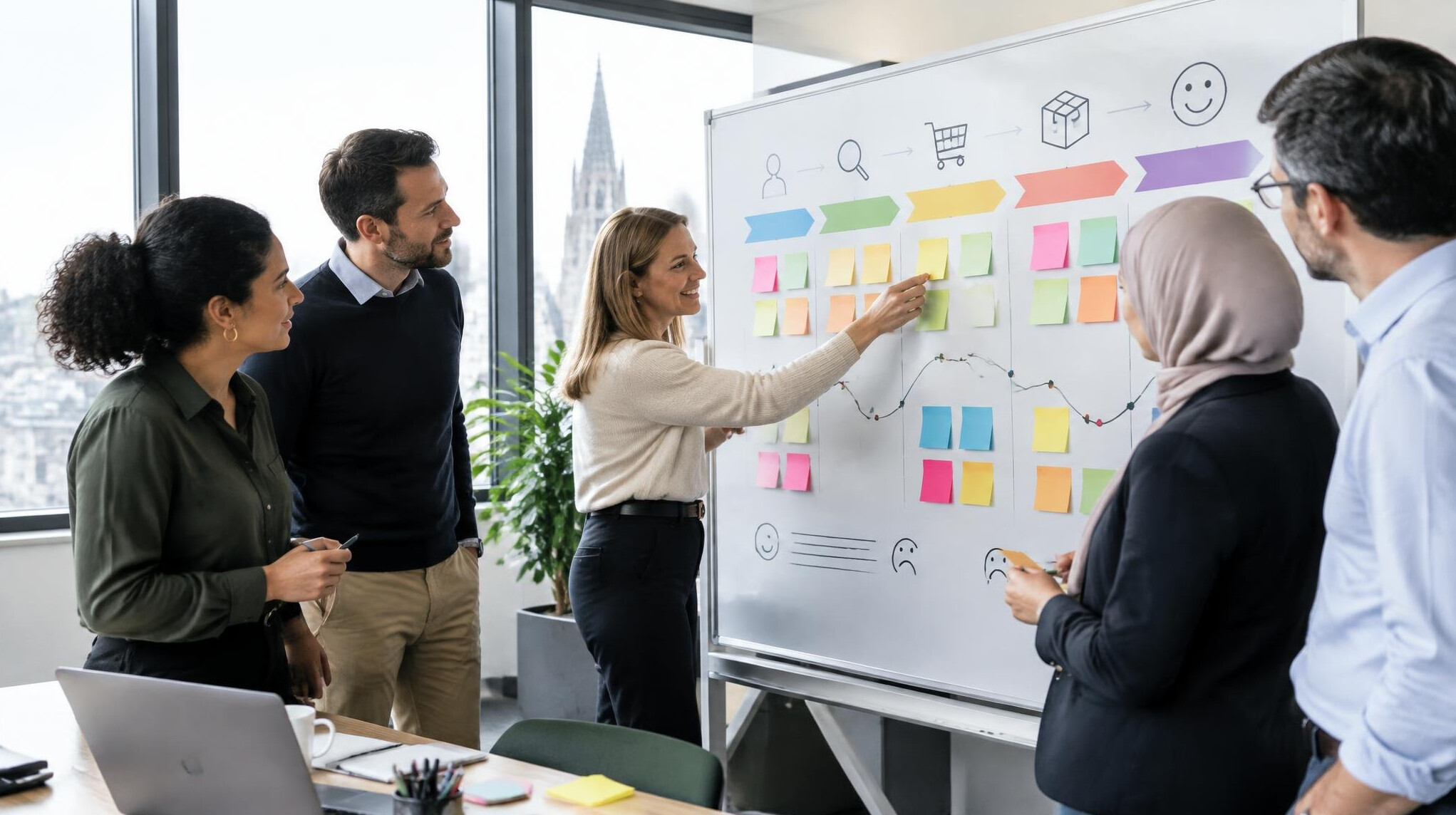 Team mapping a customer journey on a whiteboard during a business workshop