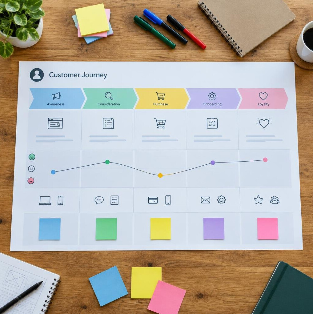 Printed customer journey map laid out on a table