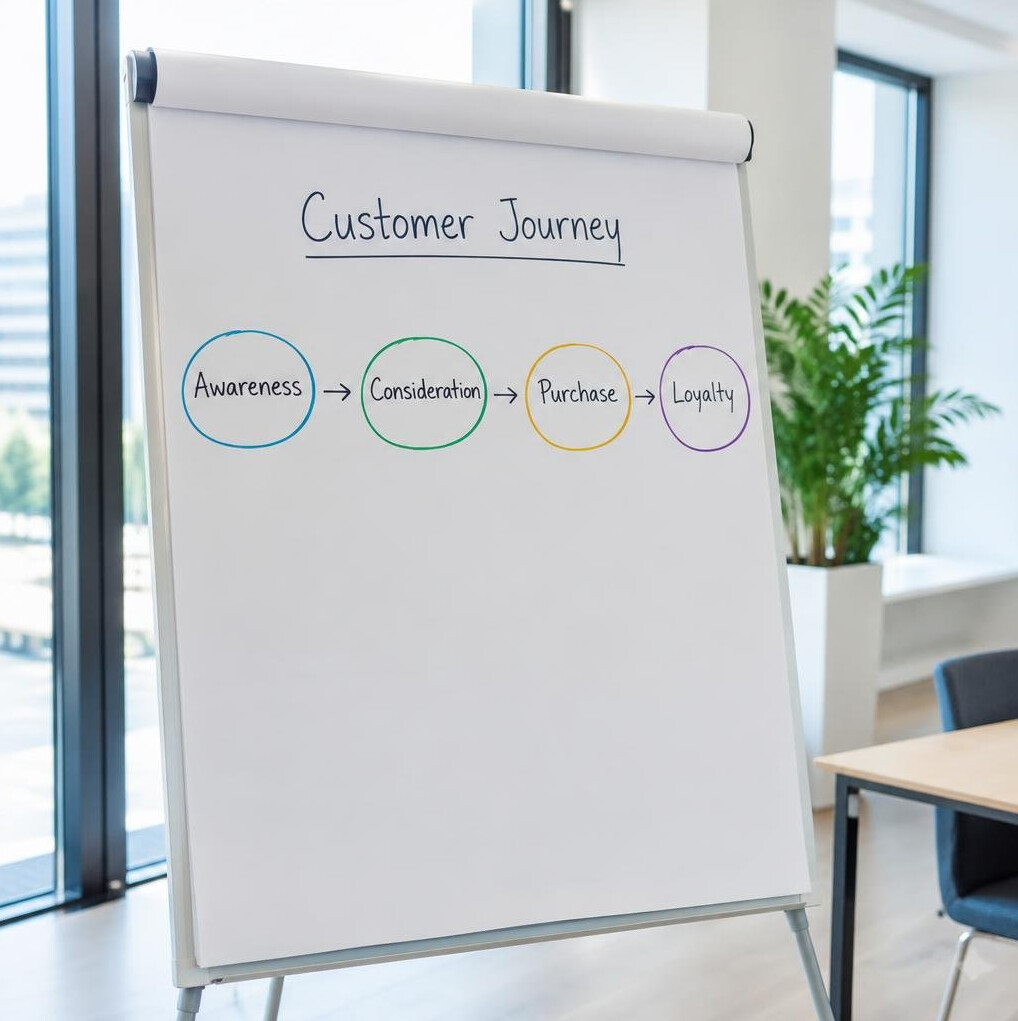 Flip chart with customer journey stages written on it