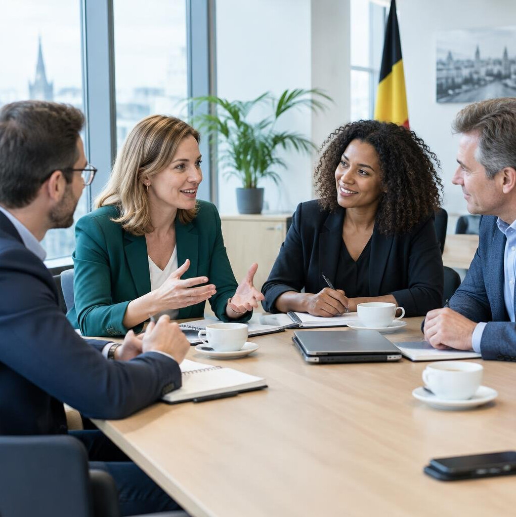 Group of colleagues discussing around a conference table