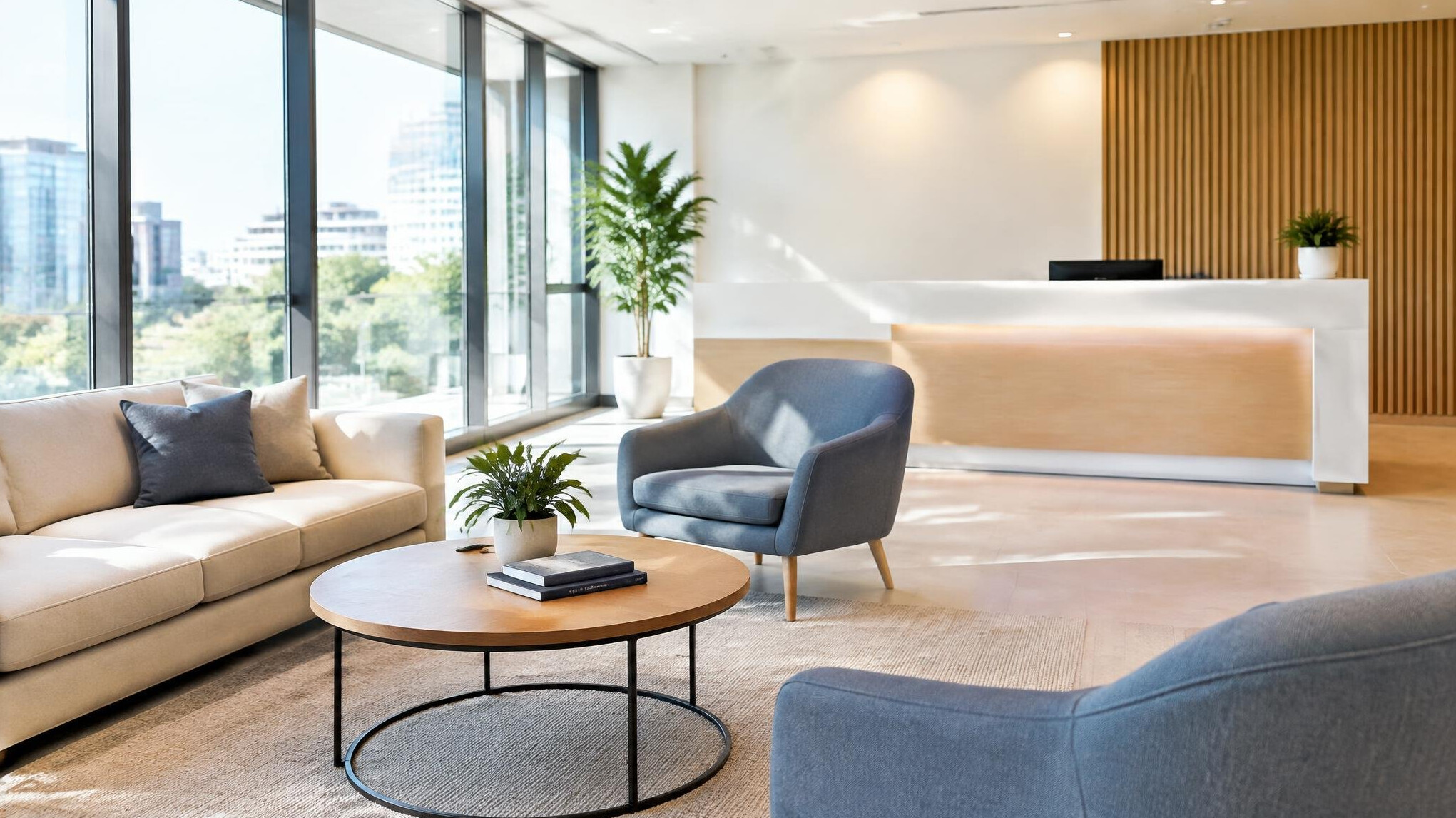 Modern office reception area with seating
